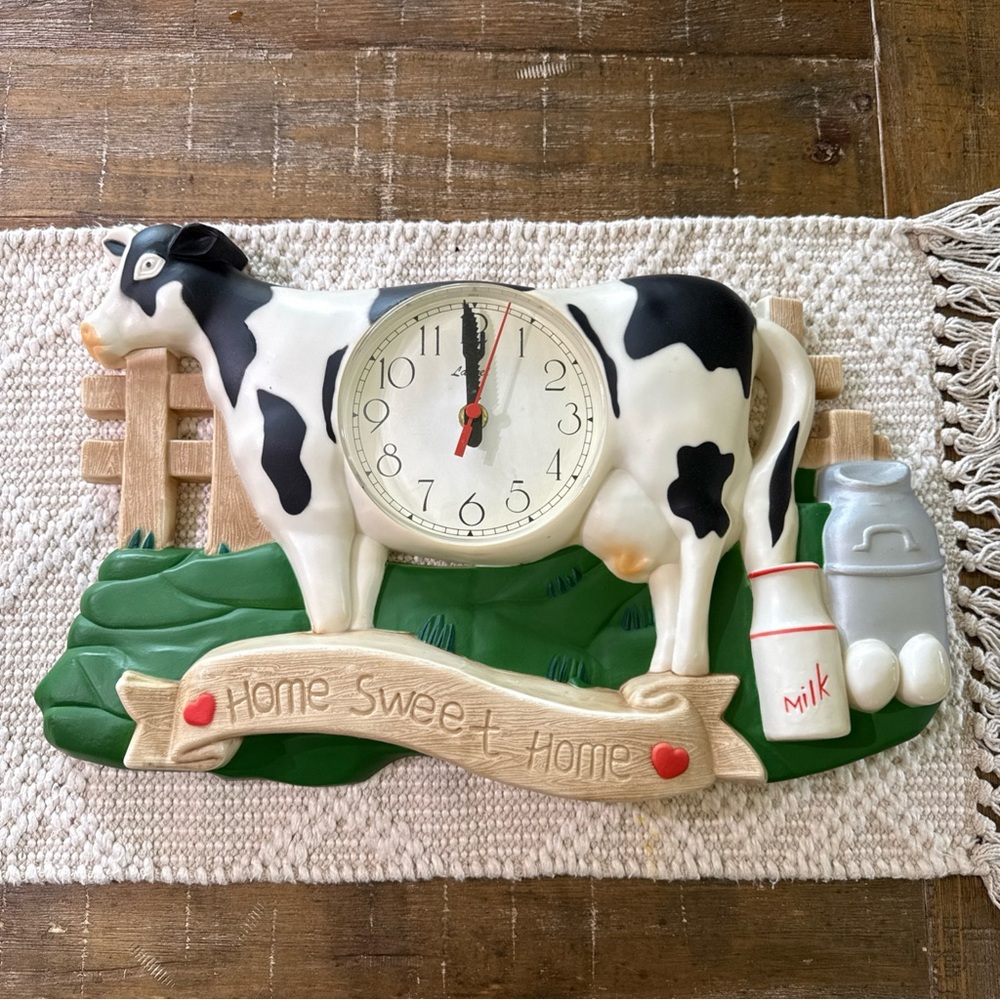 Farmhouse Cow Wall Clock - Black & White Home Sweet Home